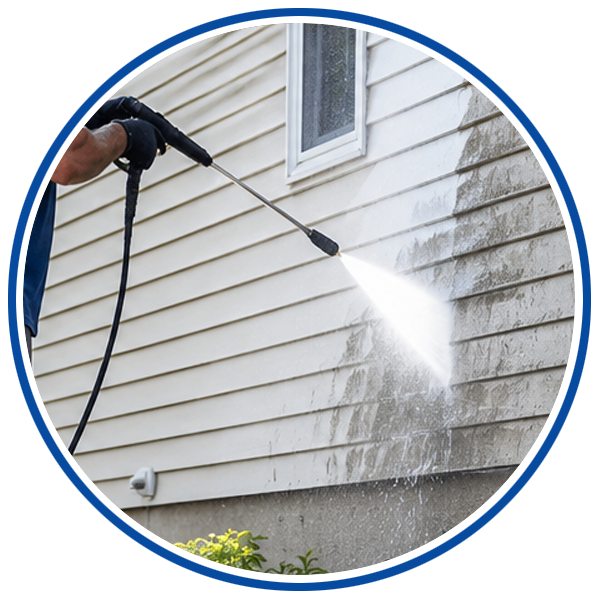 Professionally power washing a residential driveway in Delaware